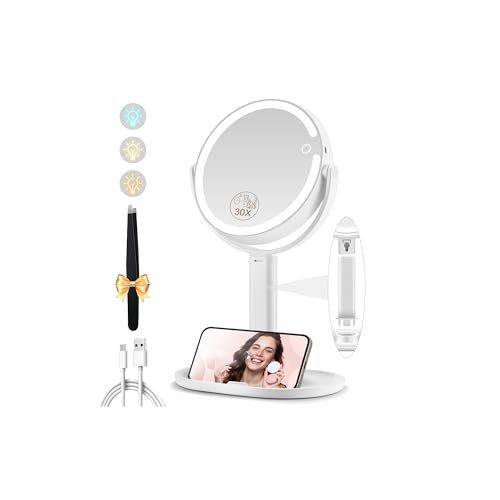 momokuba makeup mirror with lights, double sided 1x/30x magnif...
