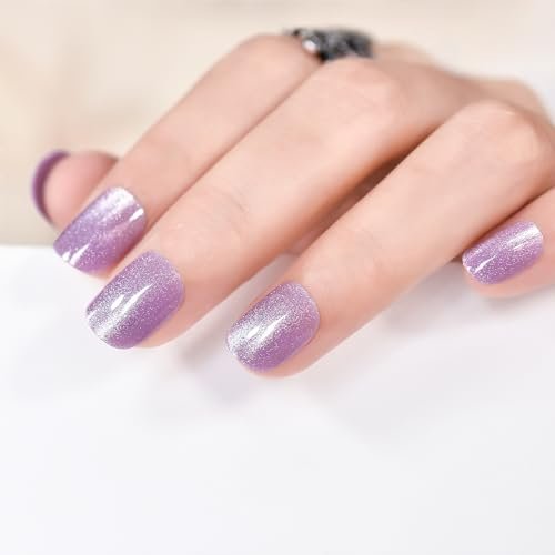 elevenail glossy shiny glitter press on nails round short purp...
