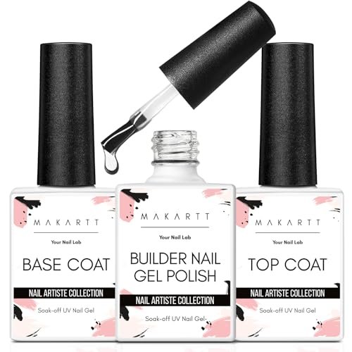 makartt 3pcs builder nail gel with top and base coat, clear ge...