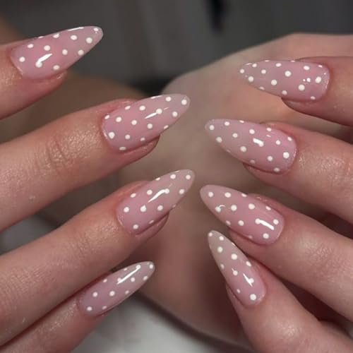 modelones pink press on nails almond, polka dot short fake nai...