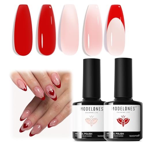 modelones red heart gel nail polish, 2pcs 15ml red jelly nude...
