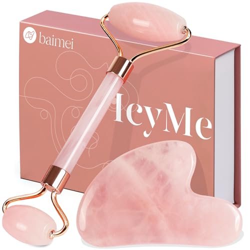 baimei icyme rose quartz roller & gua sha set, cooling face ro...