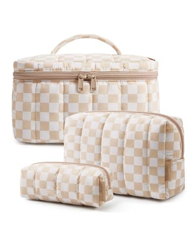 bagsmart travel makeup bag for women, 3 pcs puffy quilted cott...