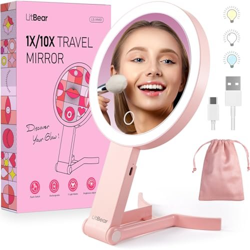 litbear travel makeup mirror with lights, rechargeable double ...