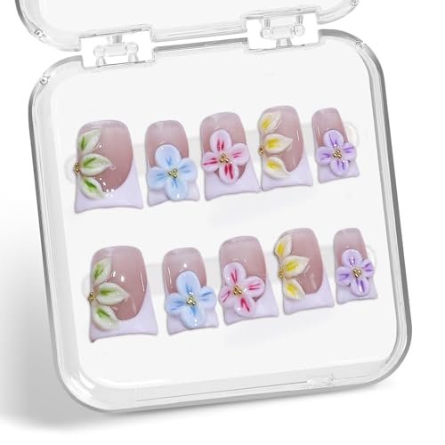 short duck press on nails colorful 3d flower false nails desig...