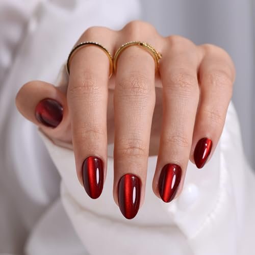 dark red cat eye press on nails almond shangmeng soft gel sh...