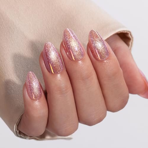 vsalon press on nails short almond pink cat eye pastel glitt...