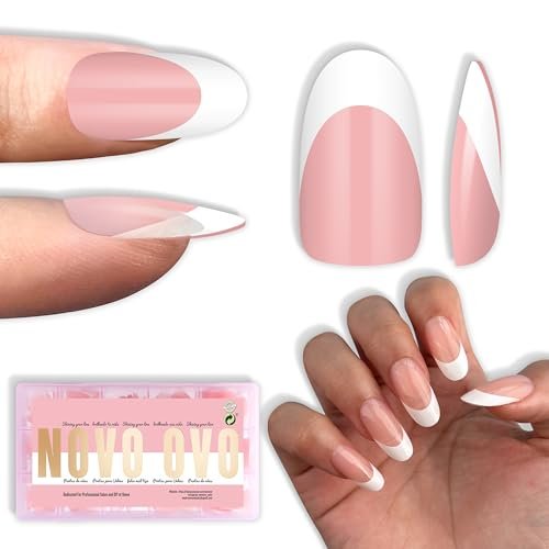 novo ovo white french tip oval nail tips press on baby pink, e...