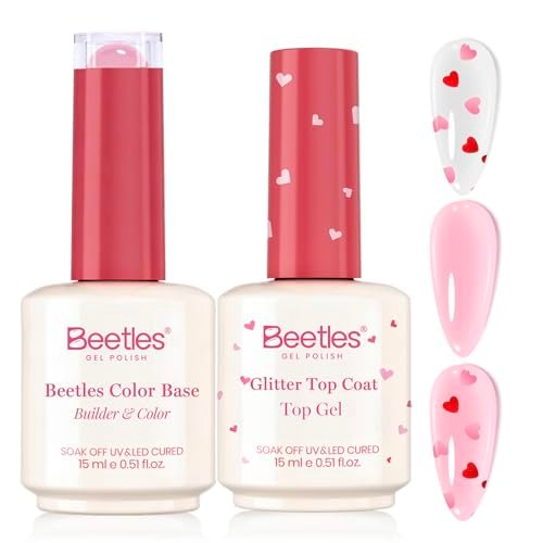 beetles heart glitter top coat and rubber base color gel polis...