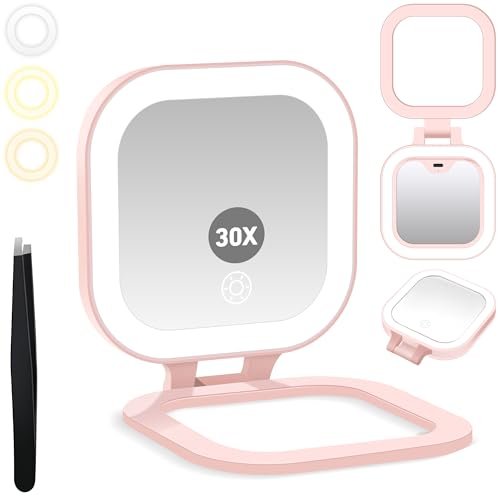 gomipuru travel mirror with light, 1x/30x magnifying mirror wi...