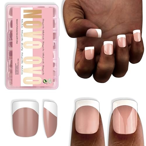 novo ovo extra short white french tip nail tips, xs xxs square...