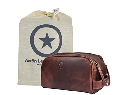 10" premium leather toiletry travel pouch with waterproof lini...