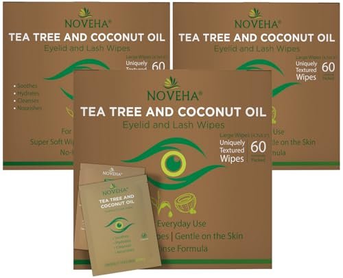 noveha 180pcs tea tree & coconut oil eyelid & lash wipes | for...