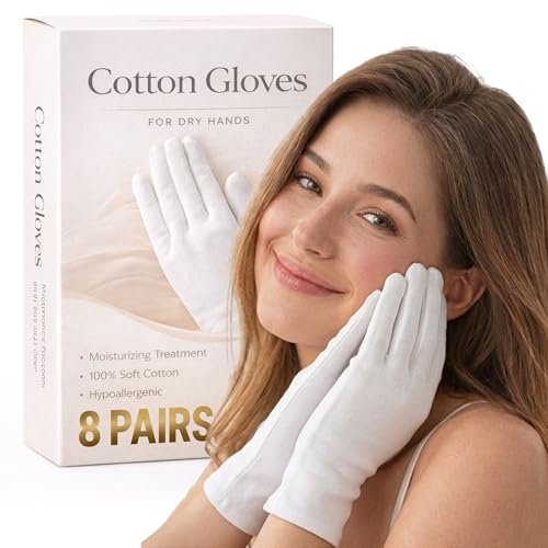 8pairs white cotton moisturizing gloves for dry hands, reusabl...