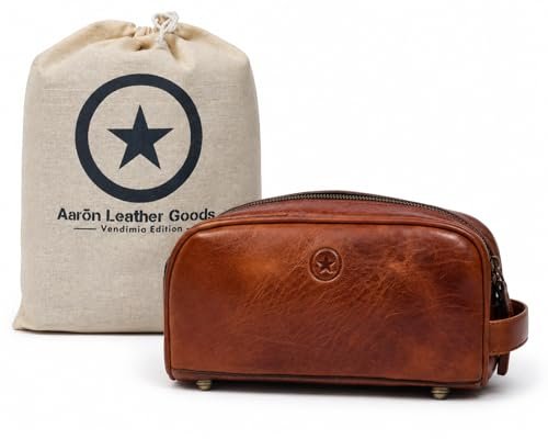 10" premium leather toiletry travel pouch with waterproof lini...