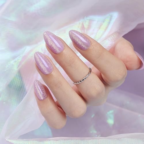 vsalon short almond press on nails purple cat eye glitter na...