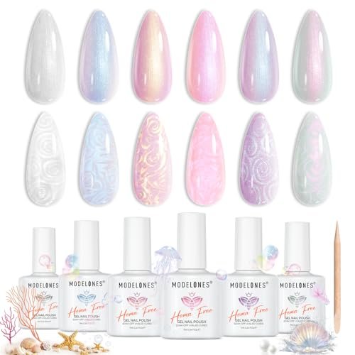 modelones pearl gel nail polish set, hema free 6 colors aurora...