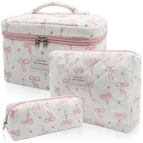 gosect quilted makeup bag set, 3pc large floral cosmetic bag f...