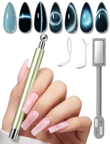 modelones cat eye magnet for nails, 3 in 1 green cateye gel po...