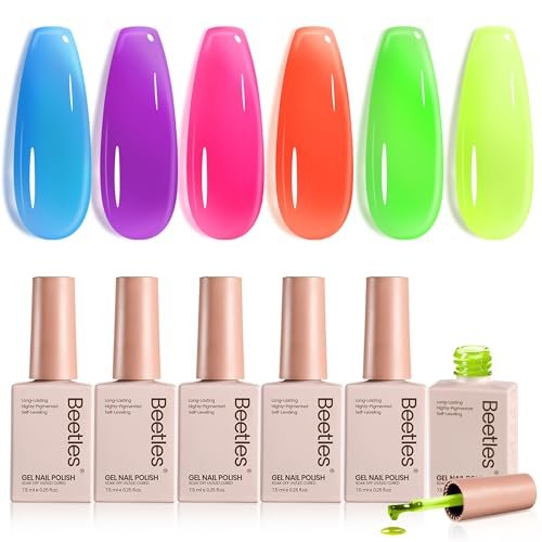 beetles neon gel nail polish set, 6 colors summer jelly gel po...