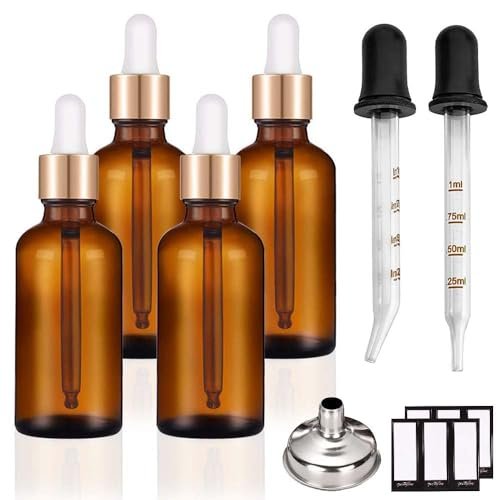 prettycare set of 4, 1 oz dropper bottles with golden caps, la...