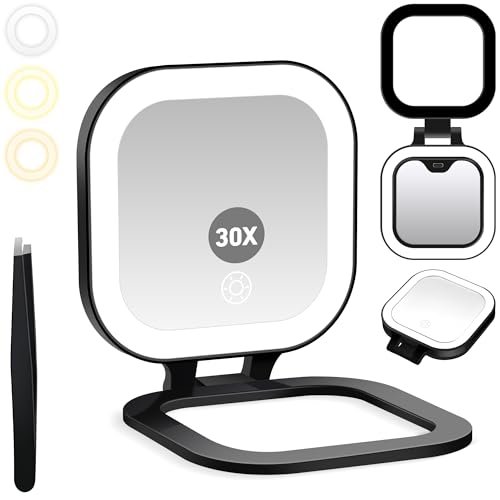 gomipuru travel mirror with light, 1x/30x magnifying mirror wi...