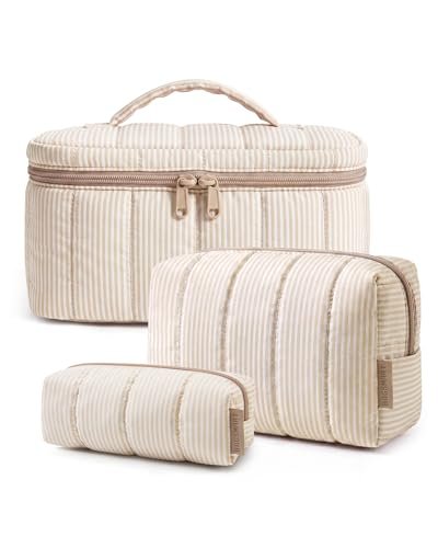 bagsmart travel makeup bag for women, 3 pcs puffy quilted cott...