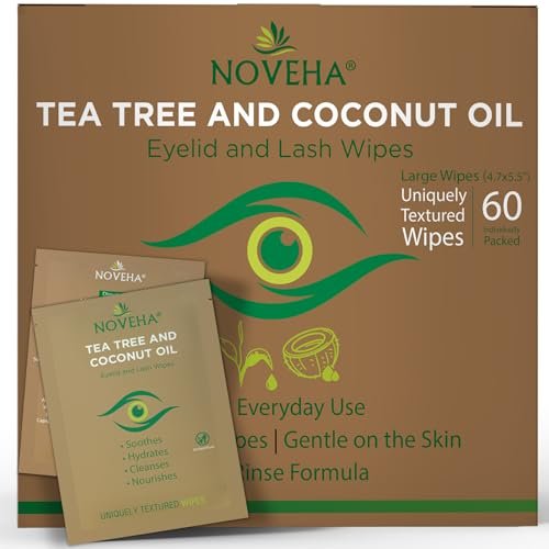 noveha 60pcs tea tree & coconut oil eyelid & lash wipes for...