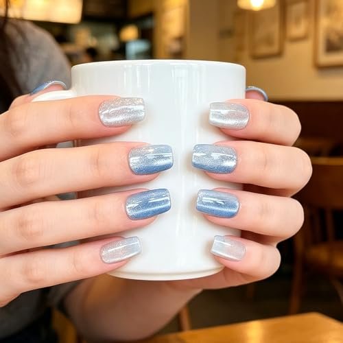 elevenail 30pcs ombre blue press on nails coffin squoval mediu...