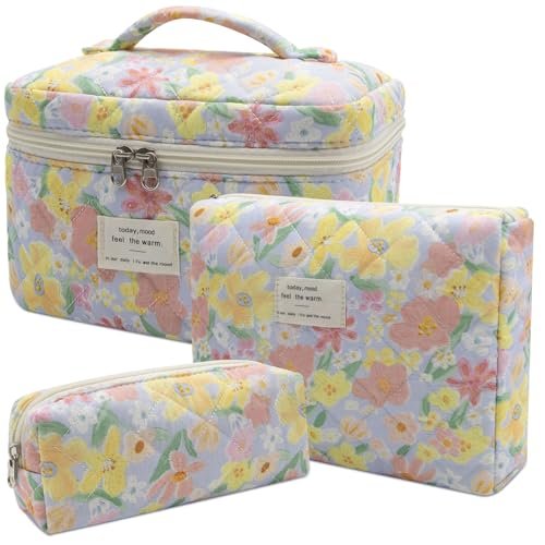 gosect 3pc makeup bag set, quilted makeup bag set, large flora...