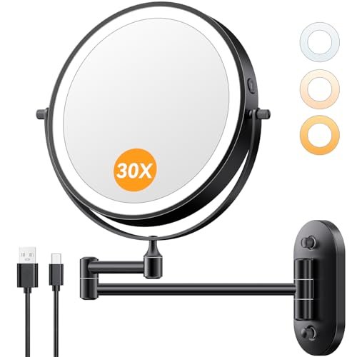 auxmir 1x/30x wall mounted lighted makeup mirror, 8" rechargea...