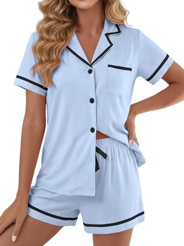 lyaner women's cotton pajamas set button short sleeve shirt wi...