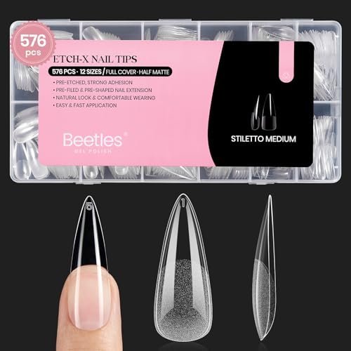beetles gel nail tips etch x, stiletto medium, 576pcs 12 sizes...