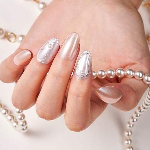 vsalon press on nails short almond pearl white 3d metallic f...