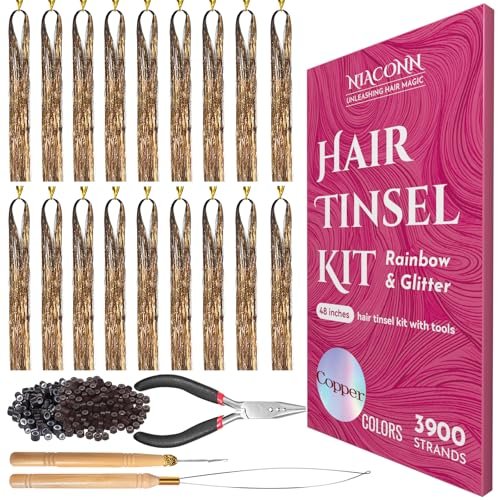 niaconn glitter hair tinsel extensions kit copper with tools a...