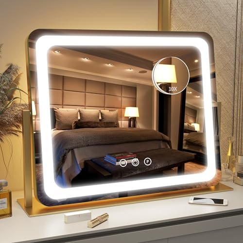fennio gold vanity mirror with lights 22"x19", led lighted mak...