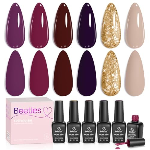 beetles gel nail polish set – 6pcs burgundy purple glitter nud...