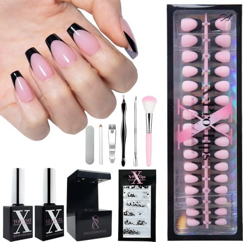 sxc cosmetics french tip press on nails – black series, short...