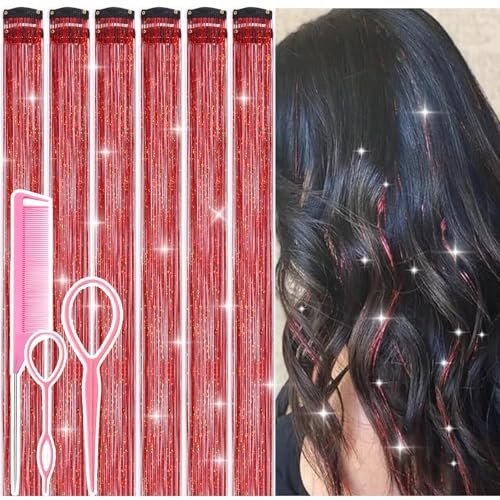 hair tinsel clip in red fairy hair tinsel kit, 12 pcs 24 inch...