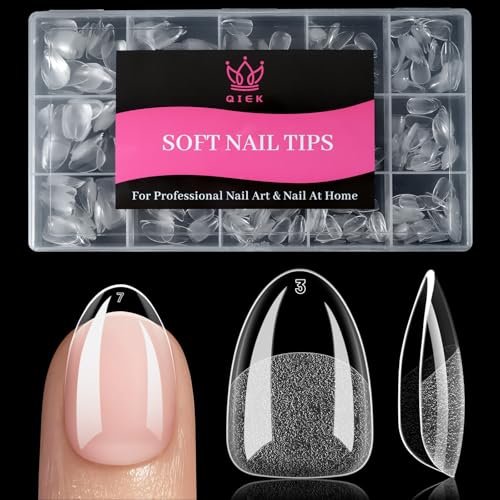 qiek extra short almond fake nail tips, 15 sizes 240 pcs clear...