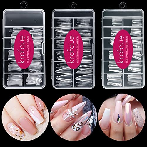 krofaue 3 styles false nail tips kit,340pcs clear coffin frenc...