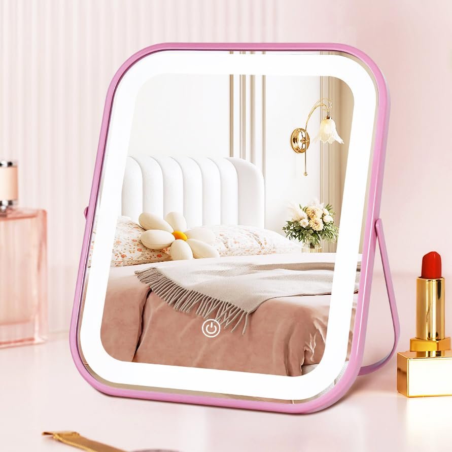 yekkopt pink rechargeable vanity mirror with lights, led makeu...