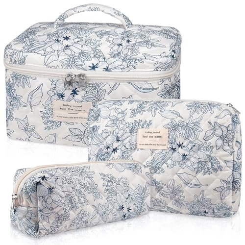 gosect quilted makeup bag set, large floral cosmetic bag for w...