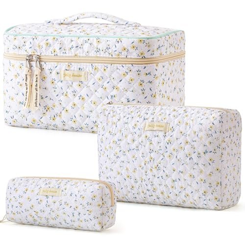 hbselect quilted makeup bag, 3pcs cotton large travel makeup b...