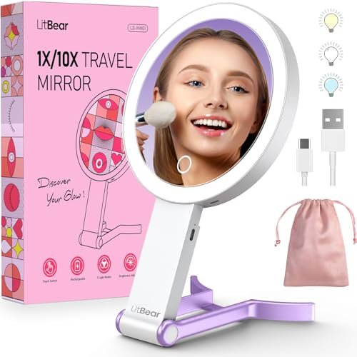 litbear travel makeup mirror with light, rechargeable double s...