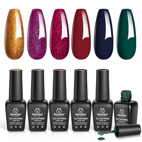 beetles gel nail polish, 6 colors burgundy red glitter gold gr...