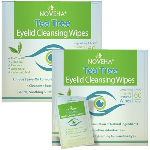 noveha 120pcs tea tree oil eyelid & lash wipes with hyaluronic...