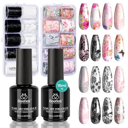 beetles nail foil glue gel 2pcs 15ml with 20 pcs lace flower b...