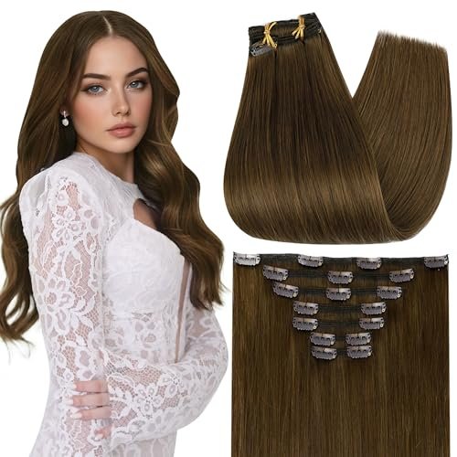 full shine real human hair extensions clip ins light brown sho...