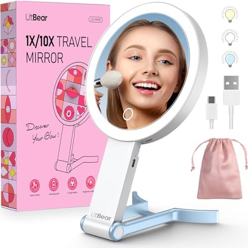 litbear travel makeup mirror with lights, rechargeable double ...